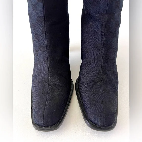 GUCCI || Vintage Y2K GG Monogram Canvas Square Toe Block Heel Knee High Boots - Picture 5 of 16